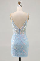 Load image into Gallery viewer, Sparkly Light Blue Corset Short Tight Homecoming Dress with Lace