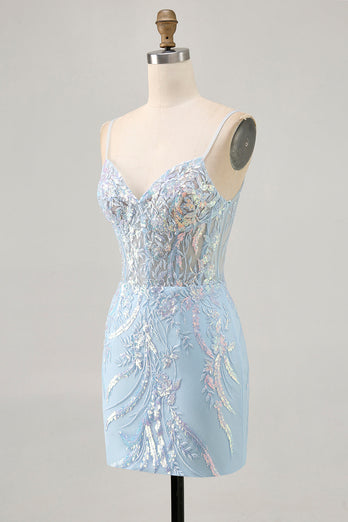 Sparkly Light Blue Corset Short Tight Homecoming Dress with Lace