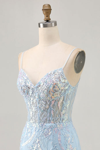 Sparkly Light Blue Corset Short Tight Homecoming Dress with Lace