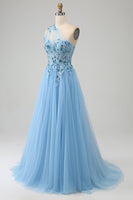 Load image into Gallery viewer, Light Blue A Line Long Corset Prom Dress With Appliques