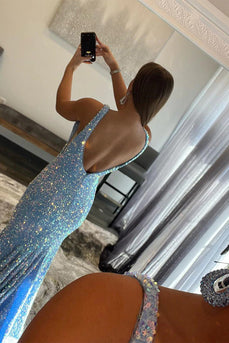 Light Blue Deep V Neck Mermaid Prom Dress