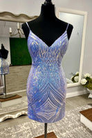 Load image into Gallery viewer, Glitter Blue Spaghetti Straps Sequins Tight Short Homecoming Dress