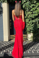 Load image into Gallery viewer, Red Sweetheart Neck Mermaid Long Prom Dress With Appliques
