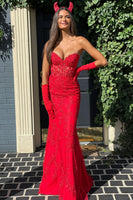 Load image into Gallery viewer, Red Sweetheart Neck Mermaid Long Prom Dress With Appliques