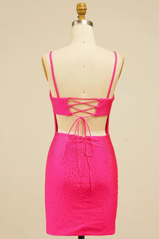 Fuchsia Sequins Lace-Up Tight Short Homecoming Dress