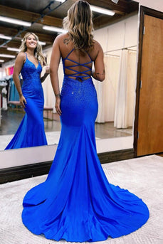 Royal Blue Spaghetti Straps Corset Back Glitter Prom Dress