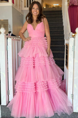 Pink A-Line Deep V Neck Tiered Long Prom Dress