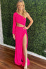 Load image into Gallery viewer, Sheath One Shoulder Fuchsia Sequins Long Prom Dress with Silt