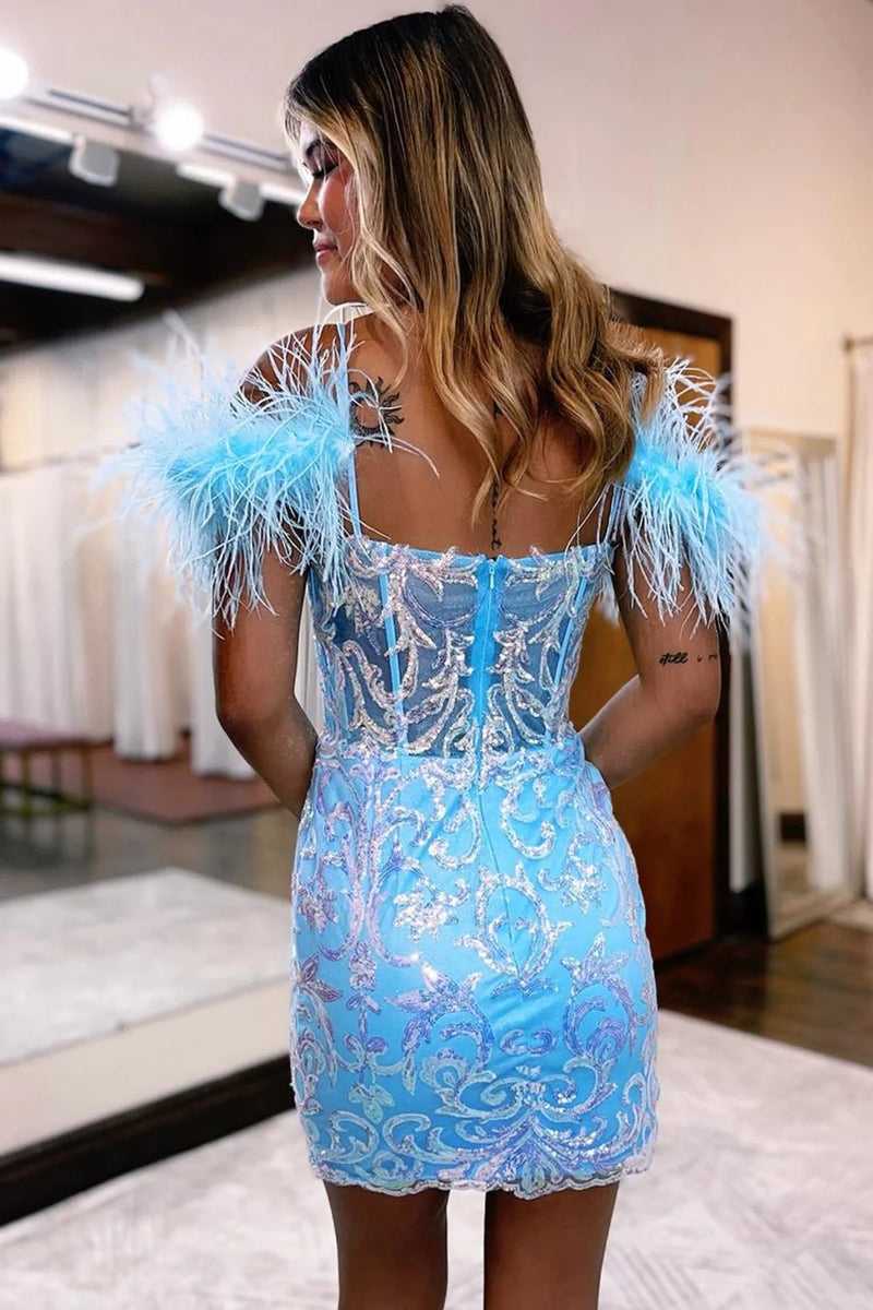 Load image into Gallery viewer, Glitter Blue Spaghetti Straps Tight Corset Homecoming Dress with Feathers