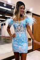 Load image into Gallery viewer, Glitter Blue Spaghetti Straps Tight Corset Homecoming Dress with Feathers