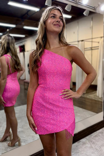 Sparkly Purple One Shoulder Bodycon Homecoming Dress with Sequins