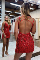 Load image into Gallery viewer, Sparkly Red Bodycon Sequined Short Homecoming Dress with Slit