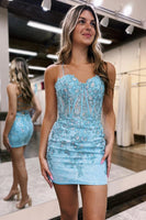 Load image into Gallery viewer, Light Blue Bodycon Corset Homecoming Dress With Lace
