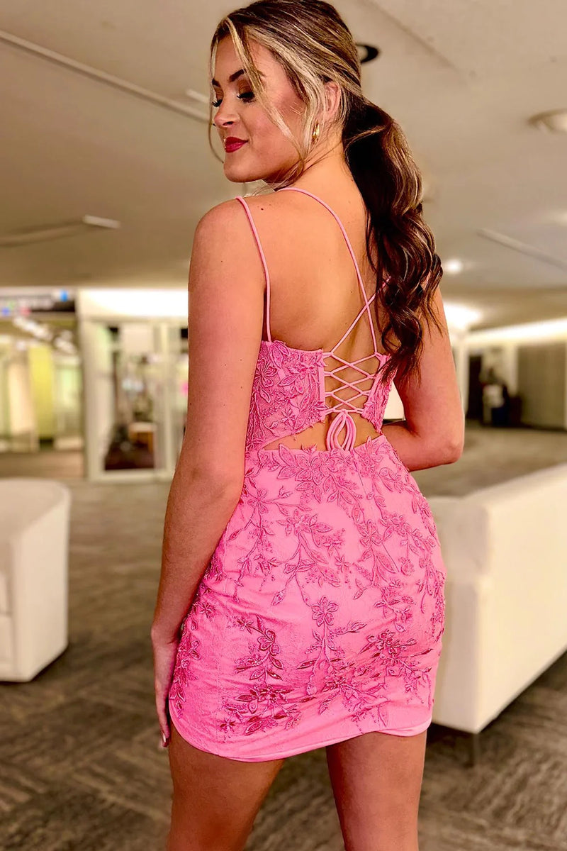 Load image into Gallery viewer, Glitter Pink Spaghetti Straps Corset Tight Homecoming Dress with Lace