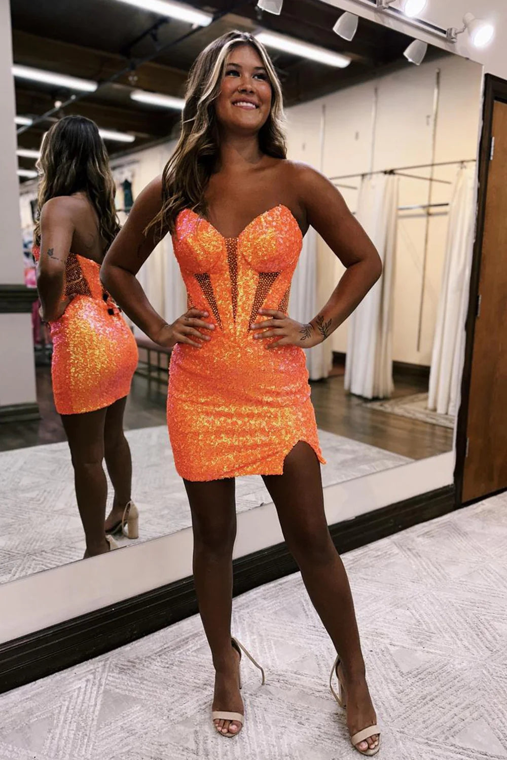 Queendancer Women Sparkly Orange Homecoming Dress with Slit Sweetheart Corset Tight Cocktail Dress queendancer Queendancer Women Sparkly Orange Homecoming Dress with Slit Sweetheart Corset Tight Cocktail Dress queendancer