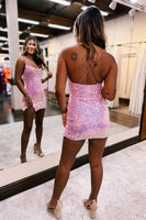 Load image into Gallery viewer, Sparkly Pink Spaghetti Straps Sequined Homecoming Dress with Slit