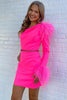 Load image into Gallery viewer, Bodycon Hot Pink One Shoulder Homecoming Dress with Feather