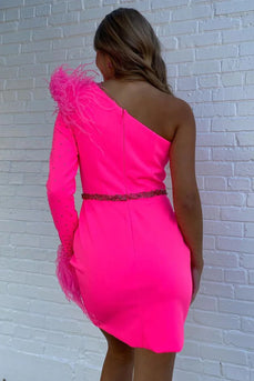 Bodycon Hot Pink One Shoulder Homecoming Dress with Feather