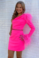 Load image into Gallery viewer, Bodycon Hot Pink One Shoulder Homecoming Dress with Feather