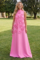 Load image into Gallery viewer, Blue A Line Floral High Neck Long Formal Dress