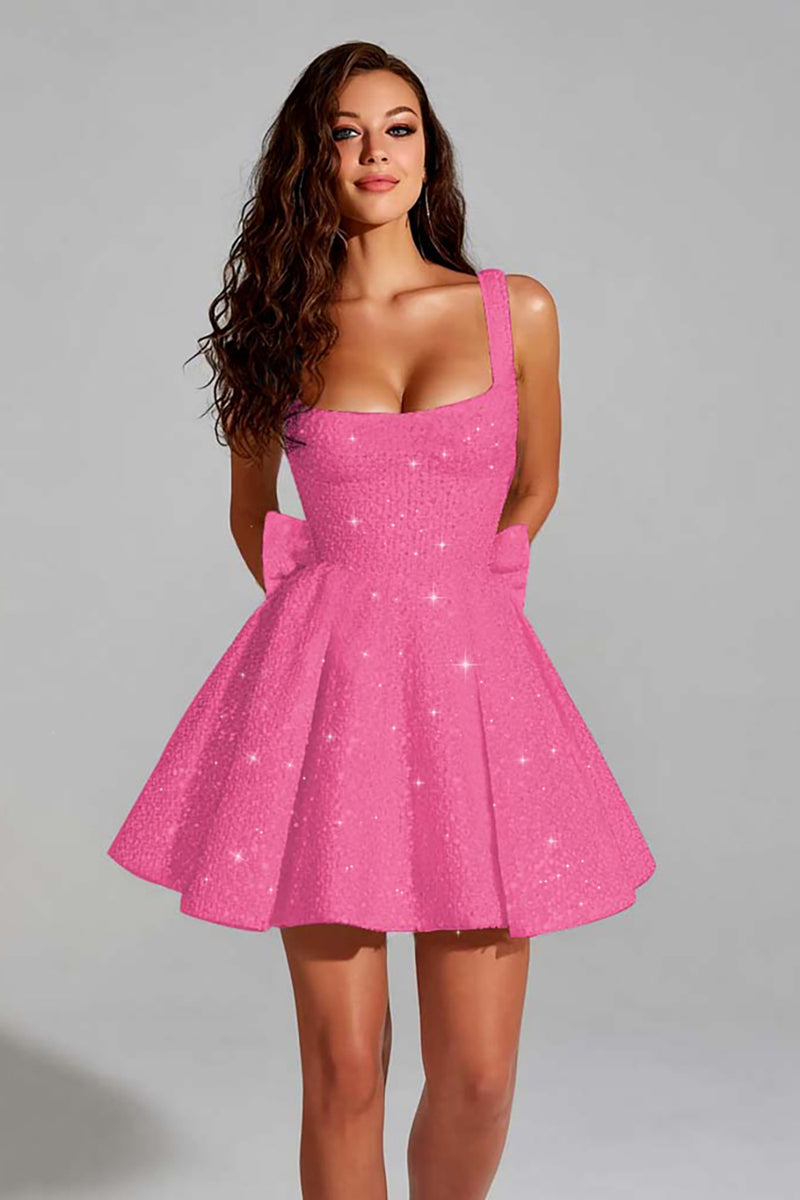 Load image into Gallery viewer, Sparkly Royal Blue A Line Square Neck Sequins Short Homecoming Dress with Bow
