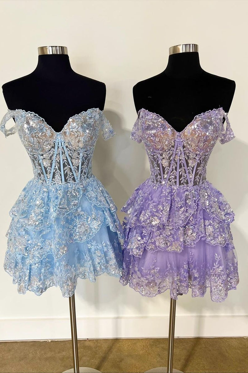 Load image into Gallery viewer, Sparkly A Line Off the Shoulder Lilac Corset Homecoming Dress with Tiered Lace