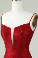 Load image into Gallery viewer, Sheath Spaghetti Straps Red Short Homecoming Dress with Beading