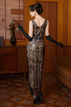 Sparkly Black Apricot Sheath Sequins Flapper Dress with Fringes