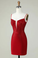 Load image into Gallery viewer, Sheath Spaghetti Straps Red Short Homecoming Dress with Beading