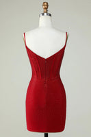 Load image into Gallery viewer, Sheath Spaghetti Straps Red Short Homecoming Dress with Beading