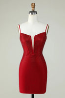 Load image into Gallery viewer, Sheath Spaghetti Straps Red Short Homecoming Dress with Beading
