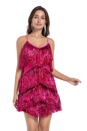 Sparkly Short Golden Tight Tiered Homecoming Dress with Fringes