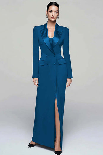 Queendancer Women Black Pencil Long Sleeves Blazer Dress with Slit Peak Lapel Double Breasted Coat Dress