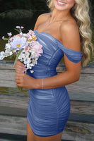 Load image into Gallery viewer, Black Satin Tight Off the Shoulder Mini Party Dress