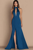 Load image into Gallery viewer, Royal Blue Simple Satin Keyhole Halter Long Formal Dress with Slit