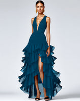 Load image into Gallery viewer, Black A Line Deep V-Neck Tiered Long Formal Dress with Slit