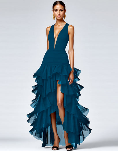 Black A Line Deep V-Neck Tiered Long Formal Dress with Slit