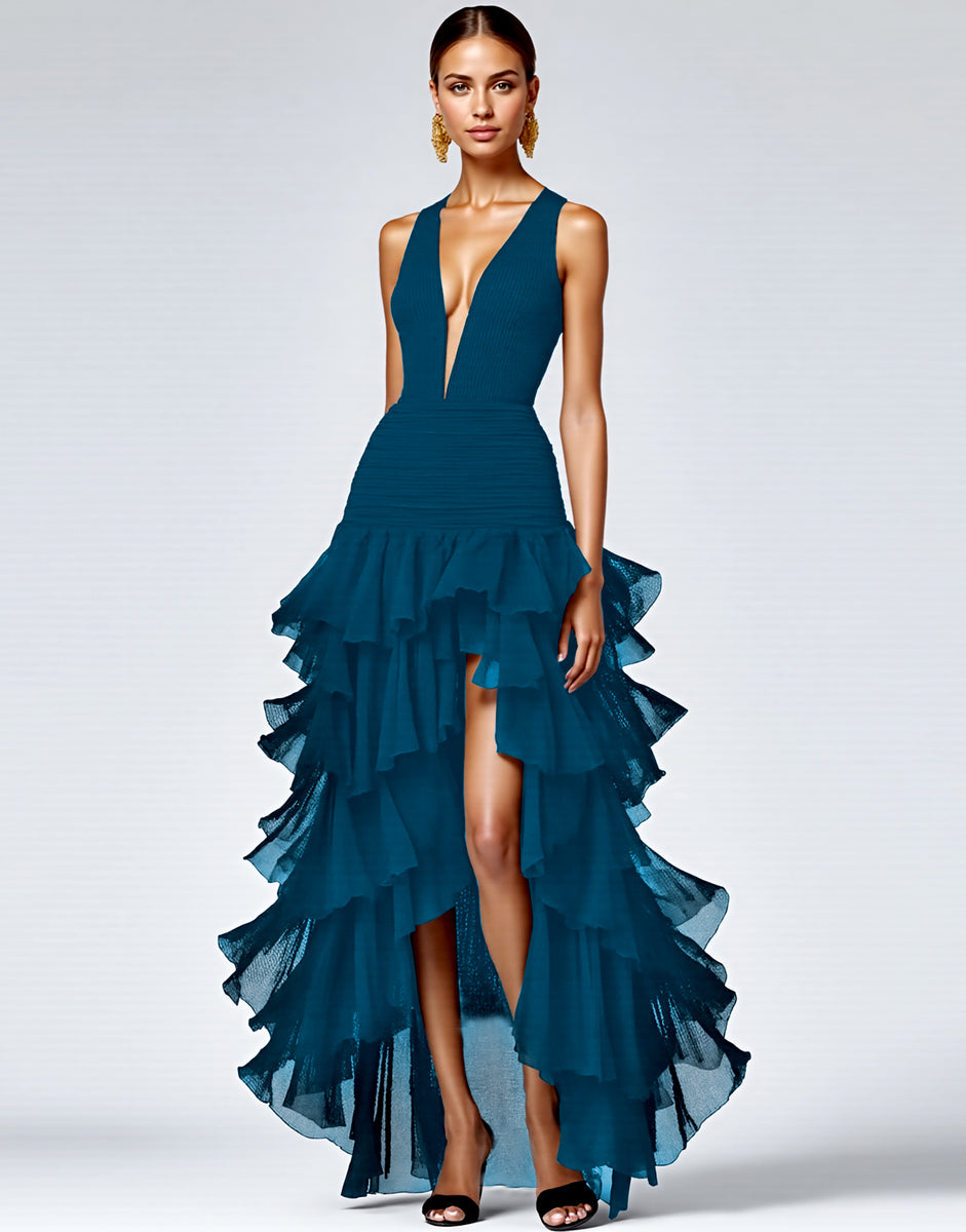 Load image into Gallery viewer, Black Ruffled Deep V-Neck A Line Long Formal Dress with Slit