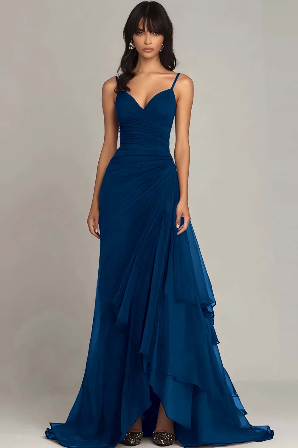 Ink Blue Spaghetti Straps Ruched Chiffon Long Formal Dress with Ruffles