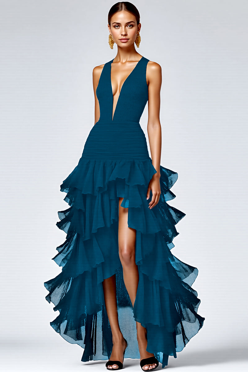 Load image into Gallery viewer, Black Ruffled Deep V-Neck A Line Long Formal Dress with Slit
