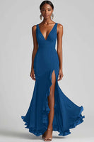 Load image into Gallery viewer, Queendancer Women Ink Blue Chiffon Long Formal Dress with Slit Sleeveless Mermaid V-Neck Evening Dress with Ruffles