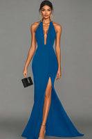 Load image into Gallery viewer, Black Mermaid Satin Halter Long Formal Dress with Slit