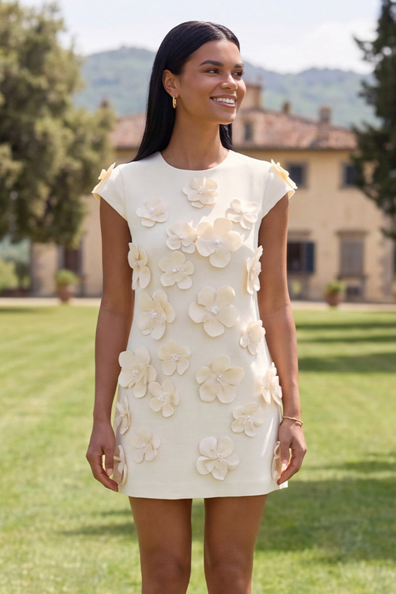 Load image into Gallery viewer, Butter Blue Floral Round Neck Short Homecoming Dress with Sleeves