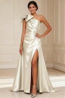 Load image into Gallery viewer, Silver Satin One Shoulder A Line Long Mother of the Bride Dress with Bow