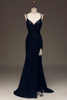 Load image into Gallery viewer, Black Mermaid Sequins Long Prom Dress With Slit
