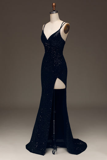 Black Mermaid Sequins Long Prom Dress With Slit