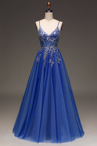 A Line Royal Blue Long Prom Dress With Appliques