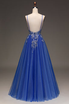 A Line Royal Blue Long Prom Dress With Appliques