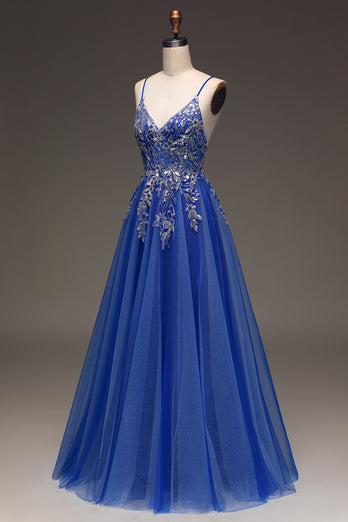 A Line Royal Blue Long Prom Dress With Appliques