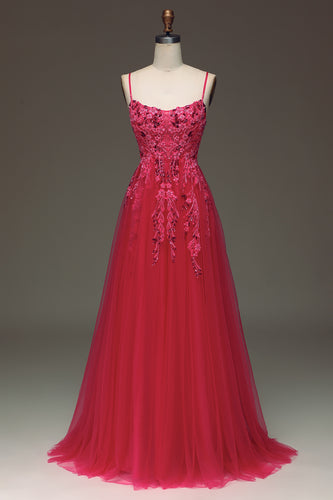 Red A Line Spaghetti Straps Long Prom Dress With Appliques